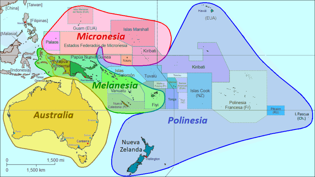 Un mapa de la Polinesia francesa, Australia, Melanesia y la Micronesia.