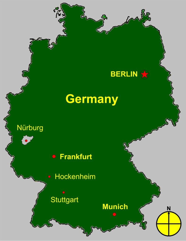 Mapa de Alemania con ciudades como Munich, Frankfurt, Berlín o Stuttgart.