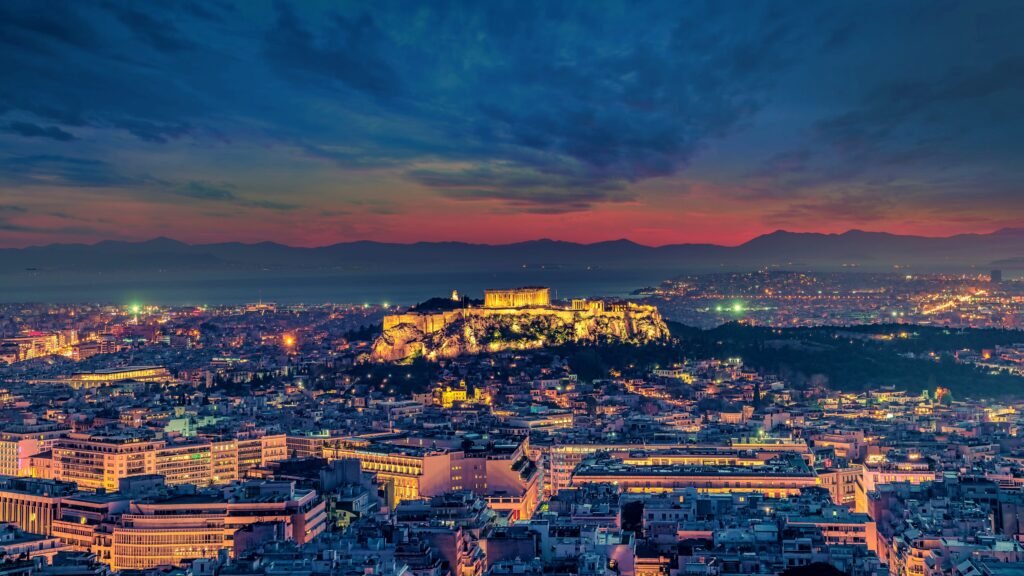 La ciudad de Atenas en grecia de noche